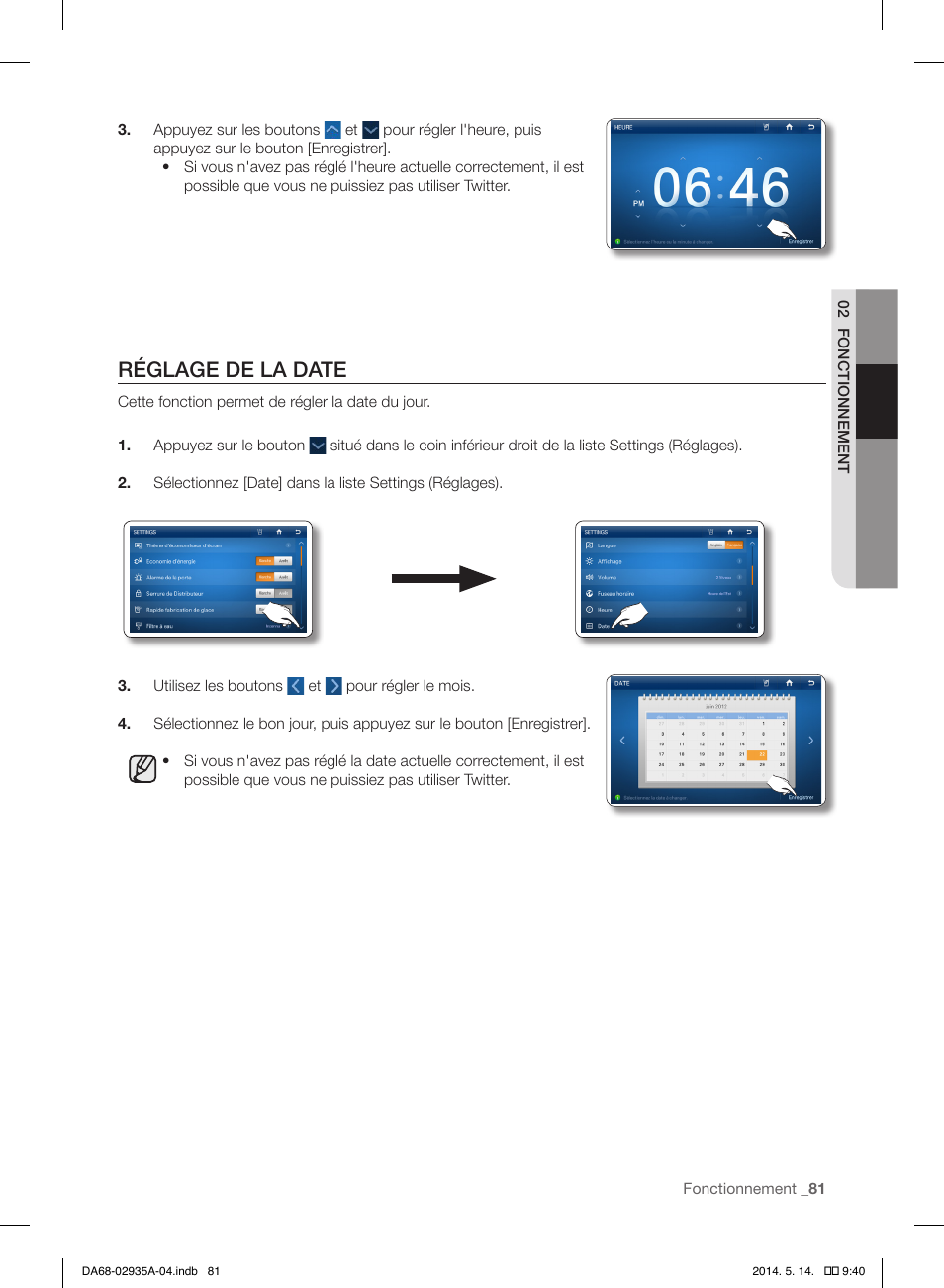 Réglage de la date | Samsung RS27FDBTNSR-AA User Manual | Page 187 / 312