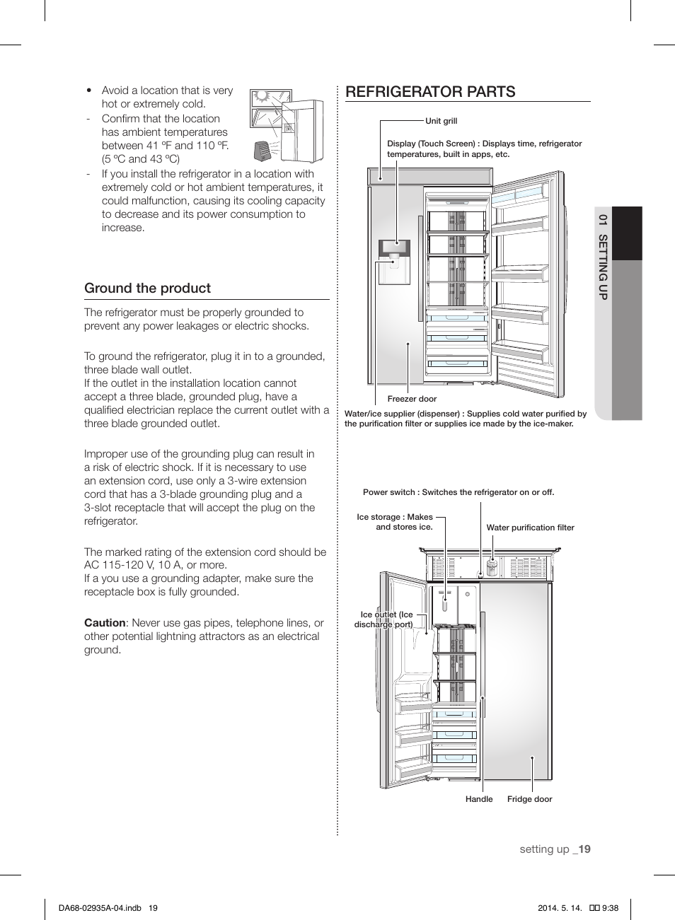 Refrigerator parts, Ground the product | Samsung RS27FDBTNSR-AA User Manual | Page 19 / 312