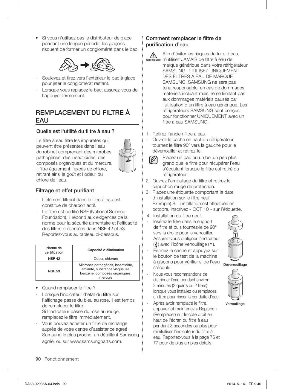 Remplacement du filtre à eau | Samsung RS27FDBTNSR-AA User Manual | Page 196 / 312