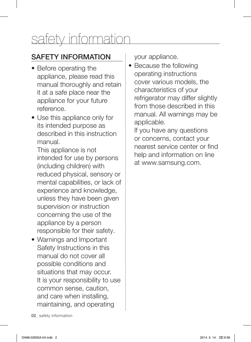 Safety information | Samsung RS27FDBTNSR-AA User Manual | Page 2 / 312