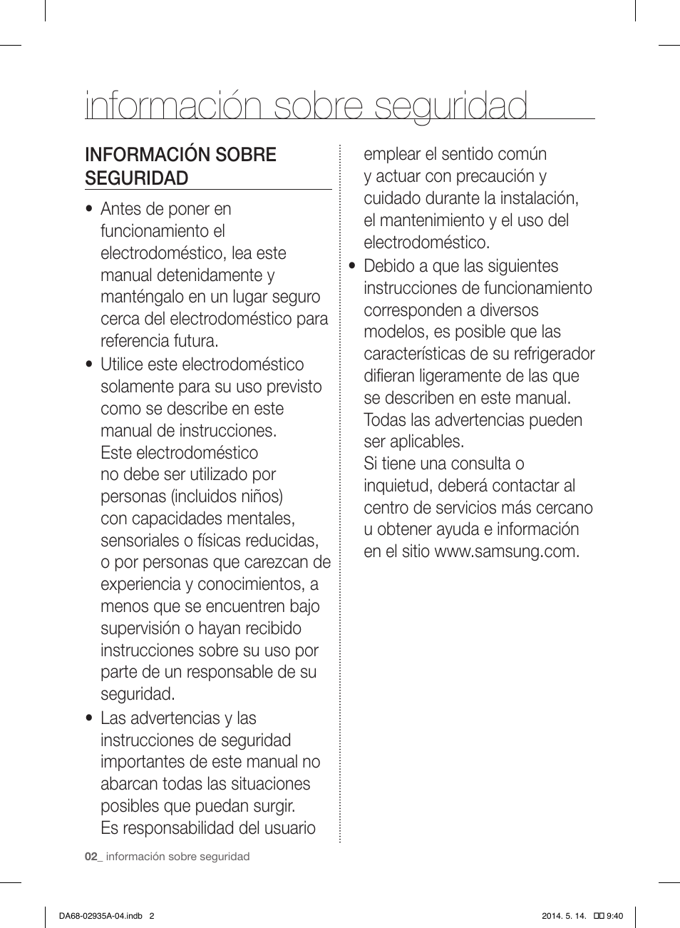 Información sobre seguridad | Samsung RS27FDBTNSR-AA User Manual | Page 208 / 312