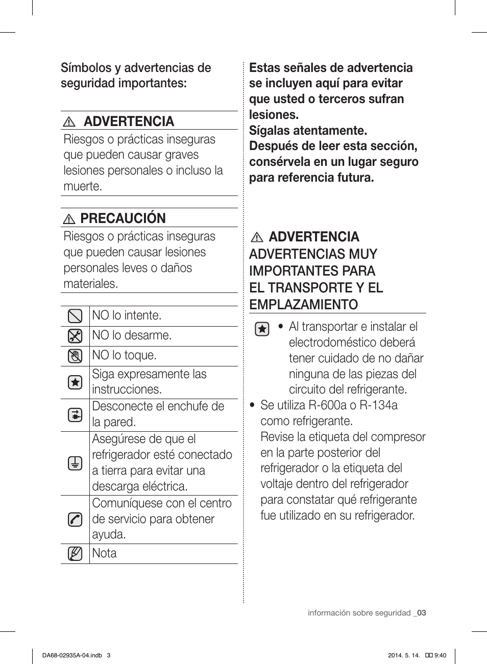 Advertencia, Precaución | Samsung RS27FDBTNSR-AA User Manual | Page 209 / 312