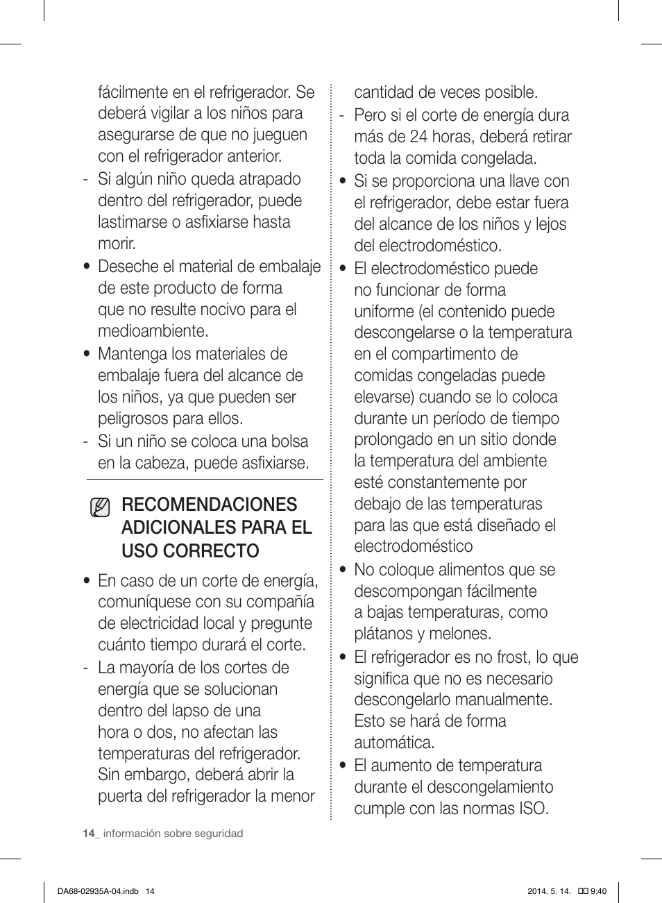 Recomendaciones adicionales para el uso correcto | Samsung RS27FDBTNSR-AA User Manual | Page 220 / 312