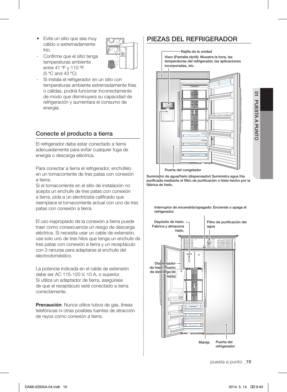 Piezas del refrigerador, Conecte el producto a tierra | Samsung RS27FDBTNSR-AA User Manual | Page 225 / 312