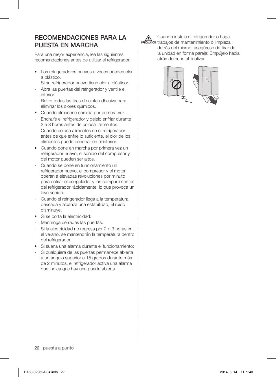 Recomendaciones para la puesta en marcha | Samsung RS27FDBTNSR-AA User Manual | Page 228 / 312