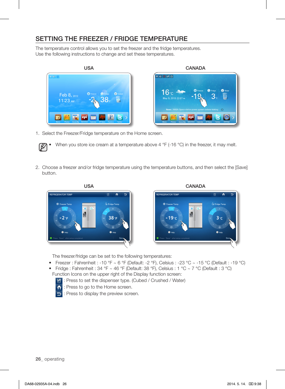 Setting the freezer / fridge temperature | Samsung RS27FDBTNSR-AA User Manual | Page 26 / 312