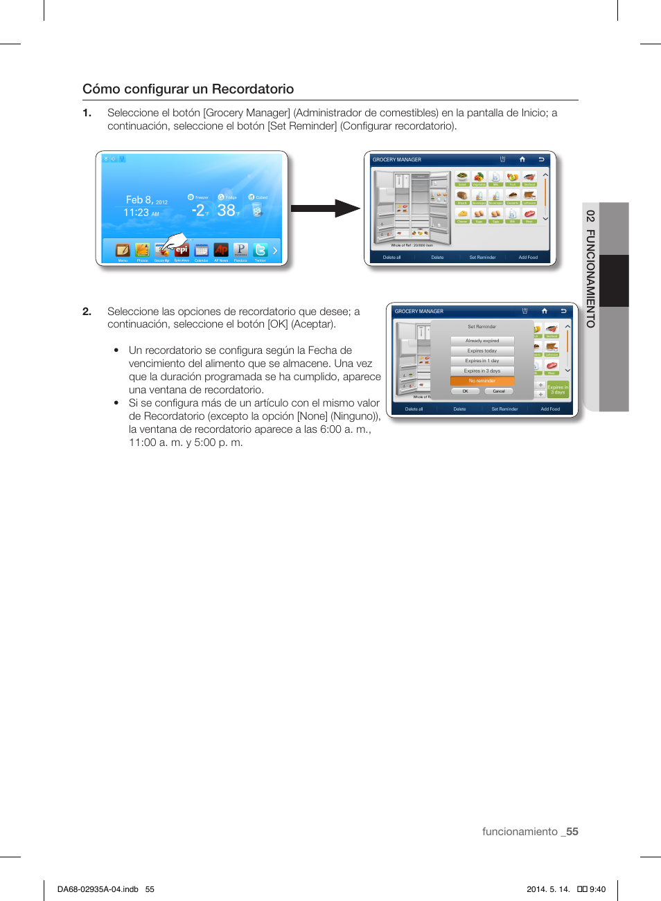 Cómo configurar un recordatorio | Samsung RS27FDBTNSR-AA User Manual | Page 261 / 312