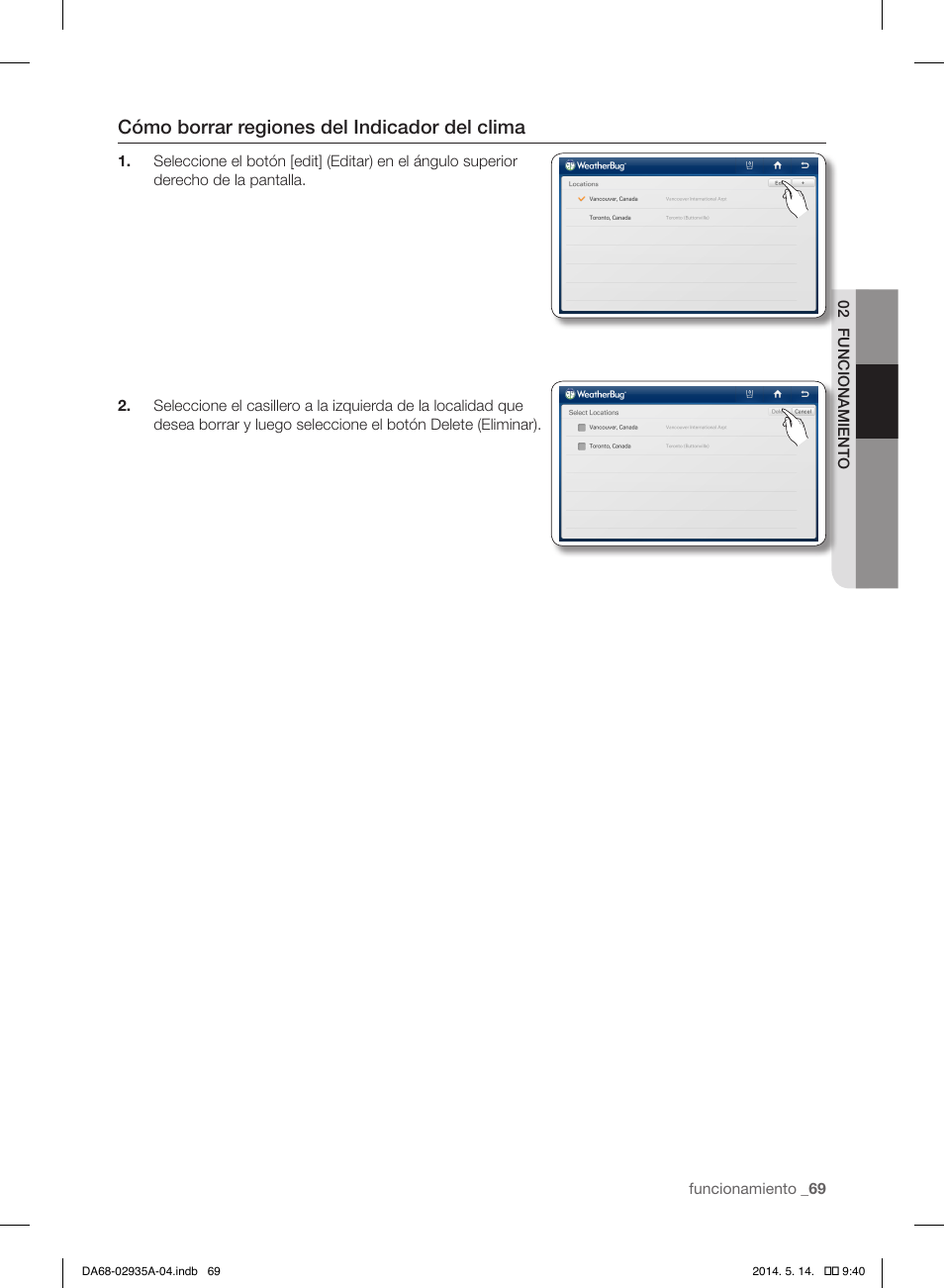 Cómo borrar regiones del indicador del clima | Samsung RS27FDBTNSR-AA User Manual | Page 275 / 312