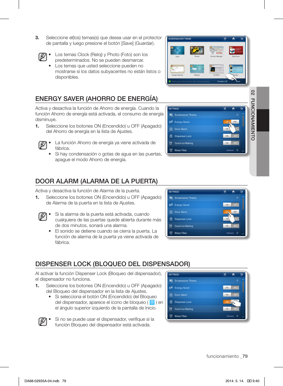 Energy saver (ahorro de energía), Door alarm (alarma de la puerta), Dispenser lock (bloqueo del dispensador) | Samsung RS27FDBTNSR-AA User Manual | Page 285 / 312