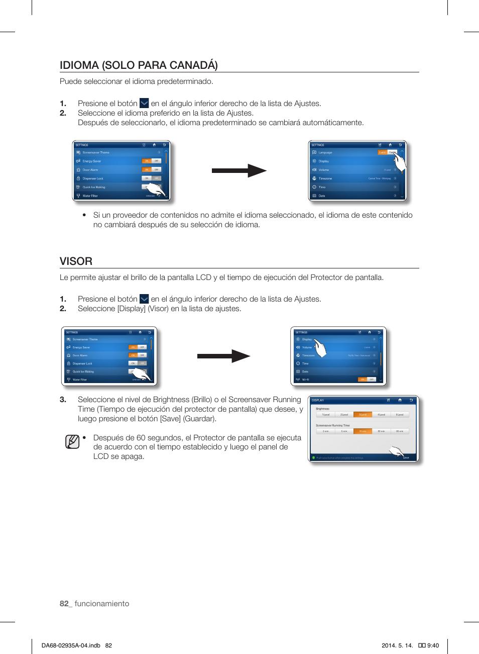 Idioma (solo para canadá), Visor | Samsung RS27FDBTNSR-AA User Manual | Page 288 / 312