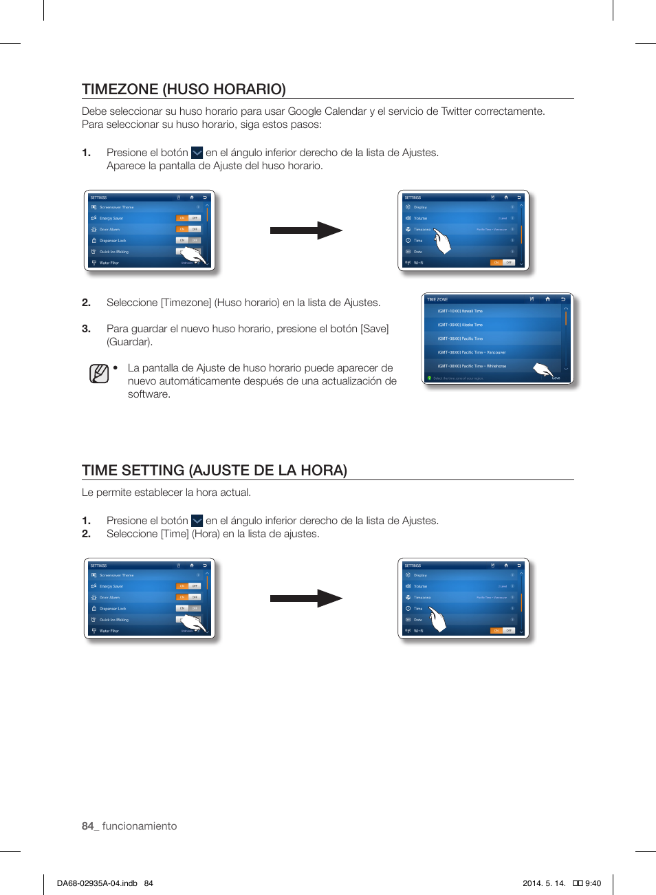 Timezone (huso horario), Time setting (ajuste de la hora) | Samsung RS27FDBTNSR-AA User Manual | Page 290 / 312