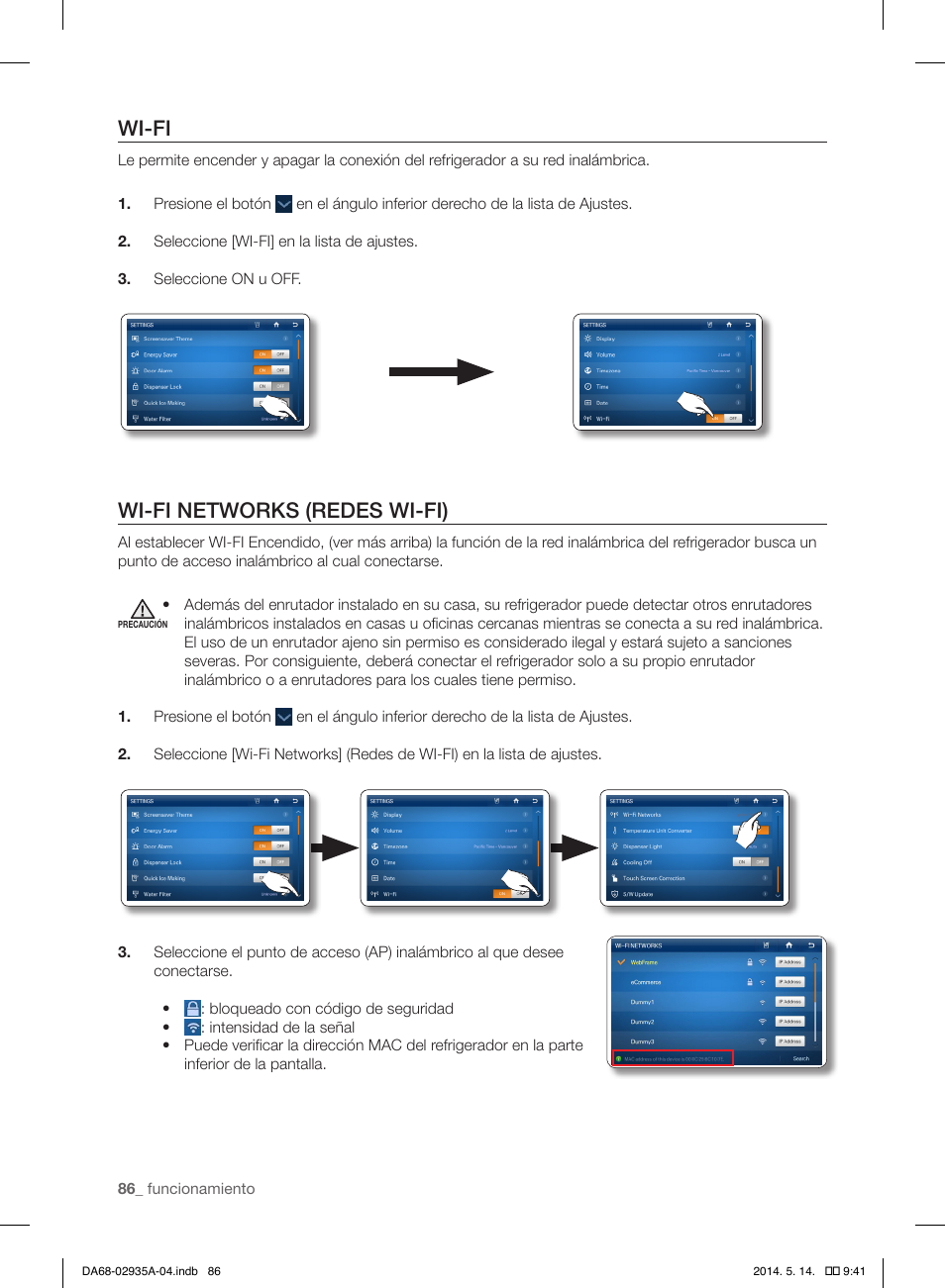 Wi-fi, Wi-fi networks (redes wi-fi) | Samsung RS27FDBTNSR-AA User Manual | Page 292 / 312