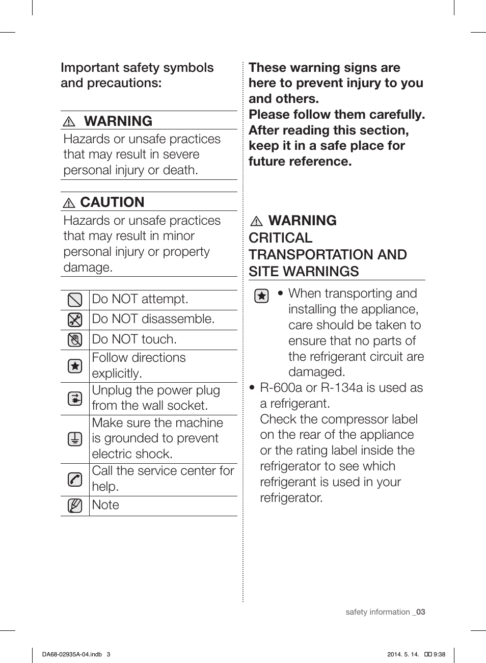 Warning, Caution, Warning critical transportation and site warnings | Samsung RS27FDBTNSR-AA User Manual | Page 3 / 312