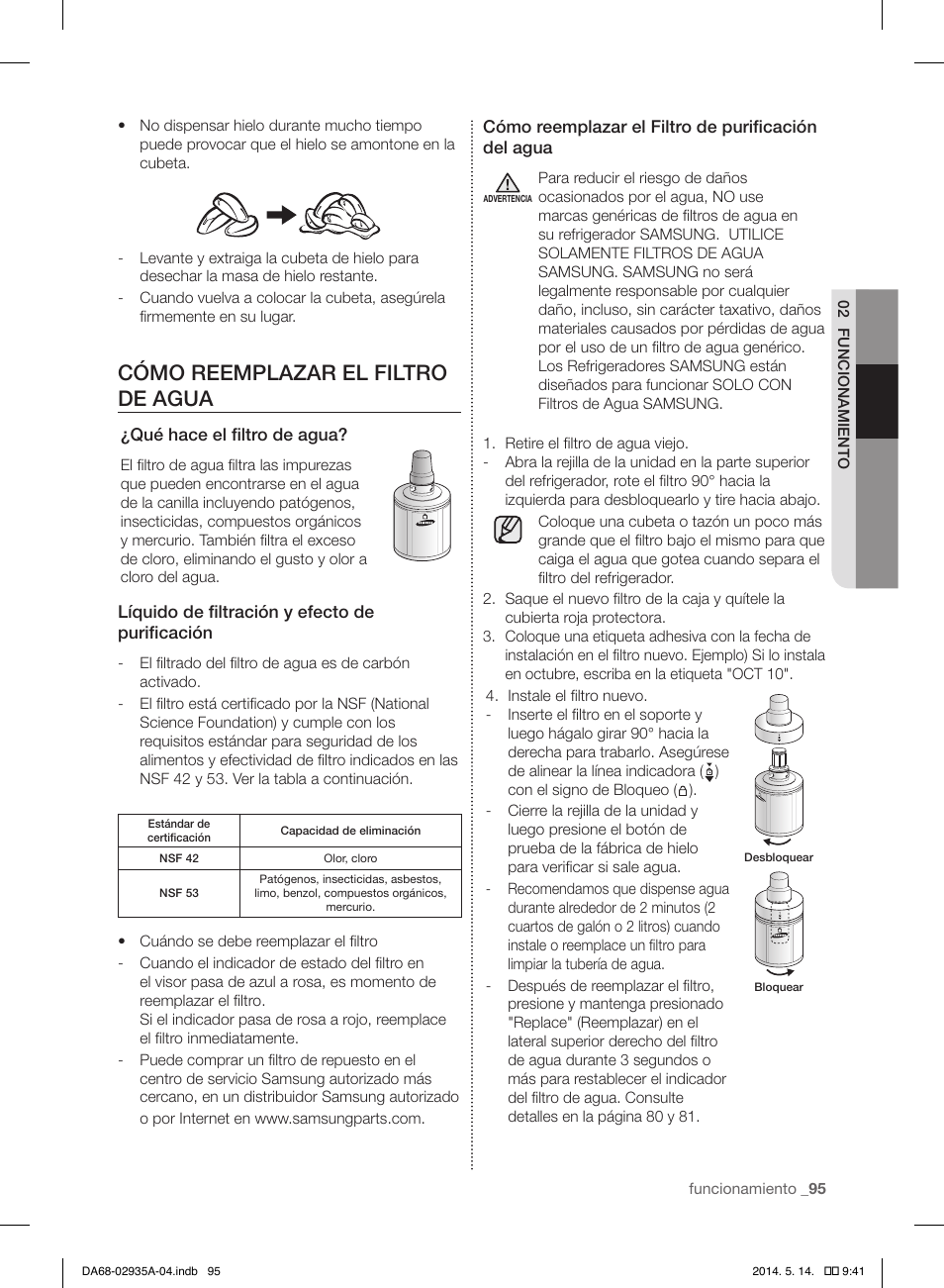 Cómo reemplazar el filtro de agua | Samsung RS27FDBTNSR-AA User Manual | Page 301 / 312