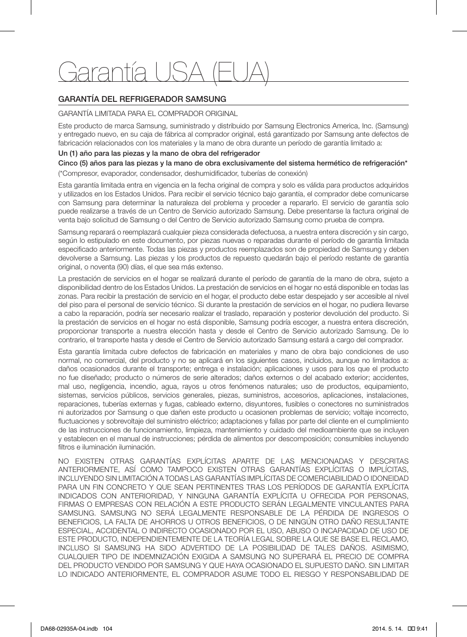 Garantía usa (eua) | Samsung RS27FDBTNSR-AA User Manual | Page 310 / 312