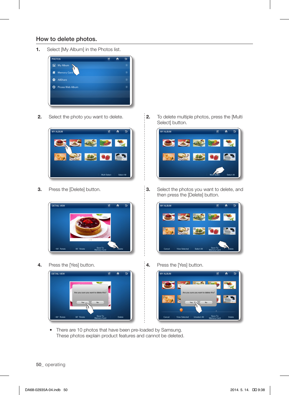 How to delete photos | Samsung RS27FDBTNSR-AA User Manual | Page 50 / 312