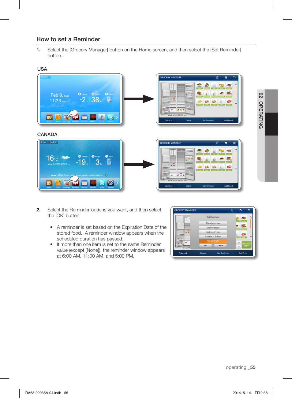 How to set a reminder | Samsung RS27FDBTNSR-AA User Manual | Page 55 / 312