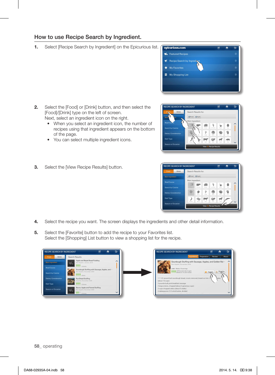How to use recipe search by ingredient | Samsung RS27FDBTNSR-AA User Manual | Page 58 / 312