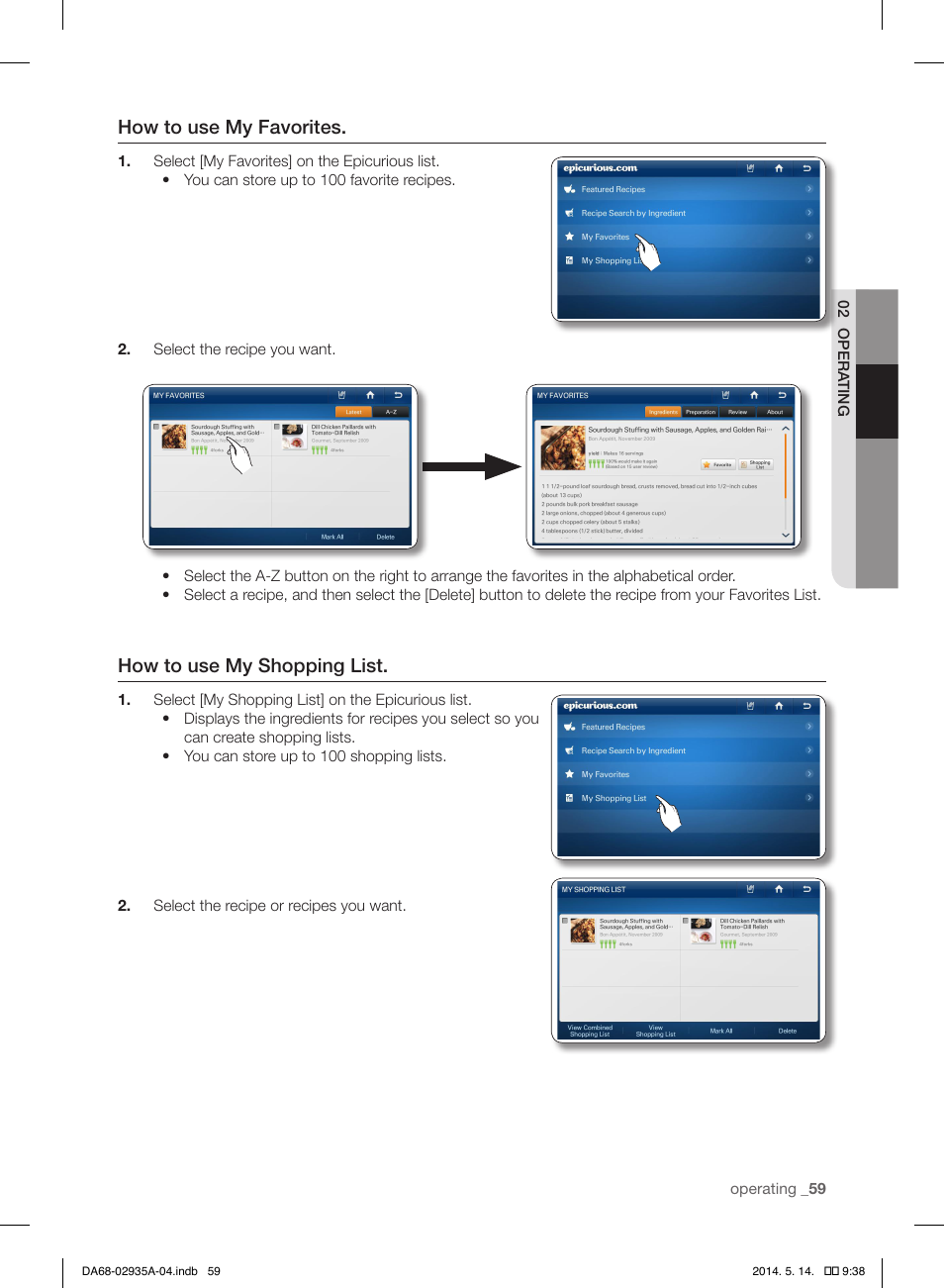 How to use my favorites, How to use my shopping list | Samsung RS27FDBTNSR-AA User Manual | Page 59 / 312