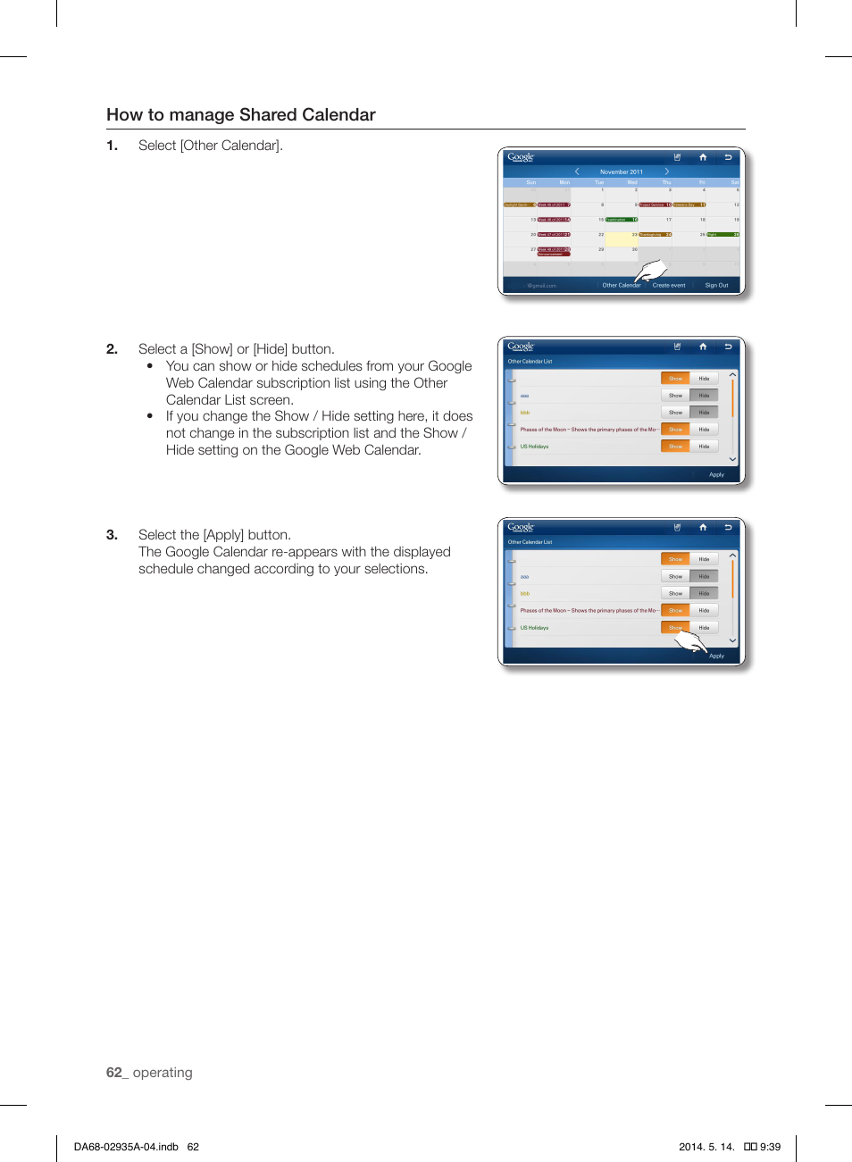 How to manage shared calendar | Samsung RS27FDBTNSR-AA User Manual | Page 62 / 312