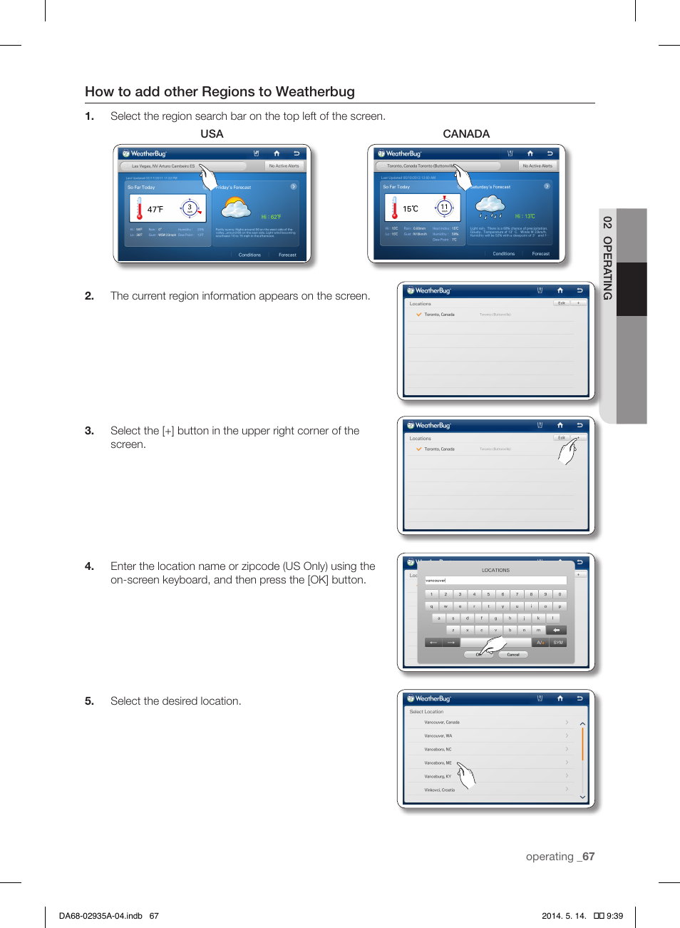 How to add other regions to weatherbug | Samsung RS27FDBTNSR-AA User Manual | Page 67 / 312