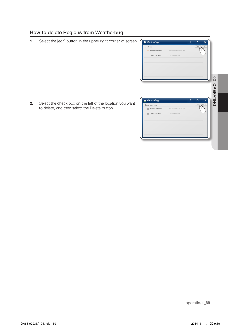 How to delete regions from weatherbug | Samsung RS27FDBTNSR-AA User Manual | Page 69 / 312