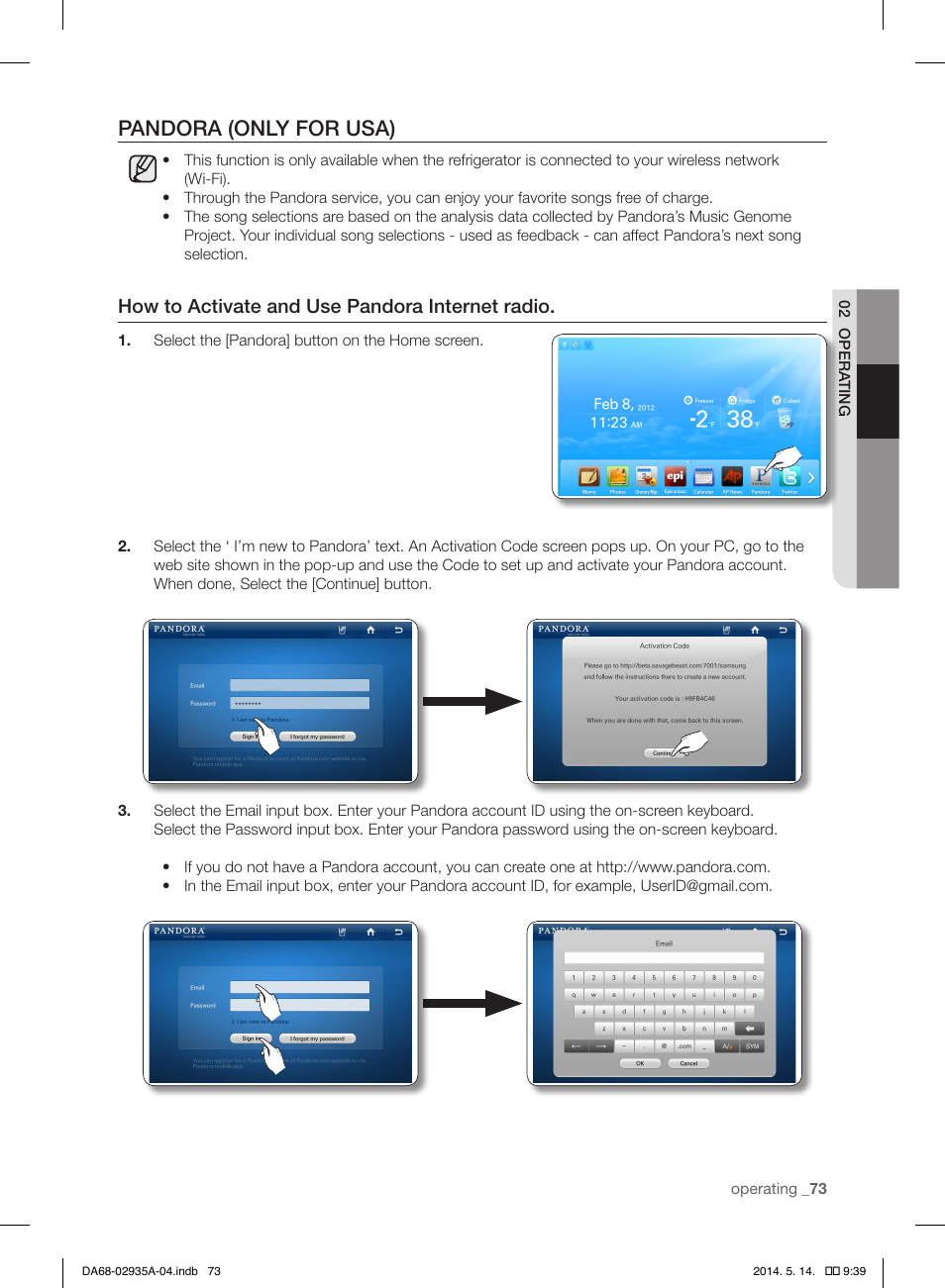 Pandora (only for usa), How to activate and use pandora internet radio | Samsung RS27FDBTNSR-AA User Manual | Page 73 / 312