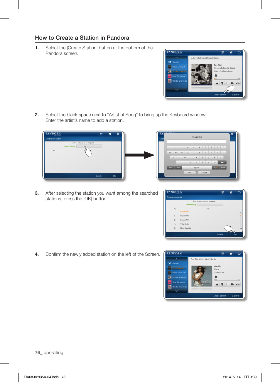 How to create a station in pandora | Samsung RS27FDBTNSR-AA User Manual | Page 76 / 312