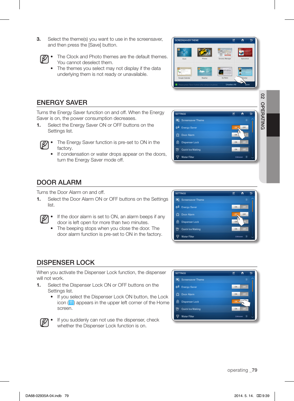 Energy saver, Door alarm, Dispenser lock | Samsung RS27FDBTNSR-AA User Manual | Page 79 / 312
