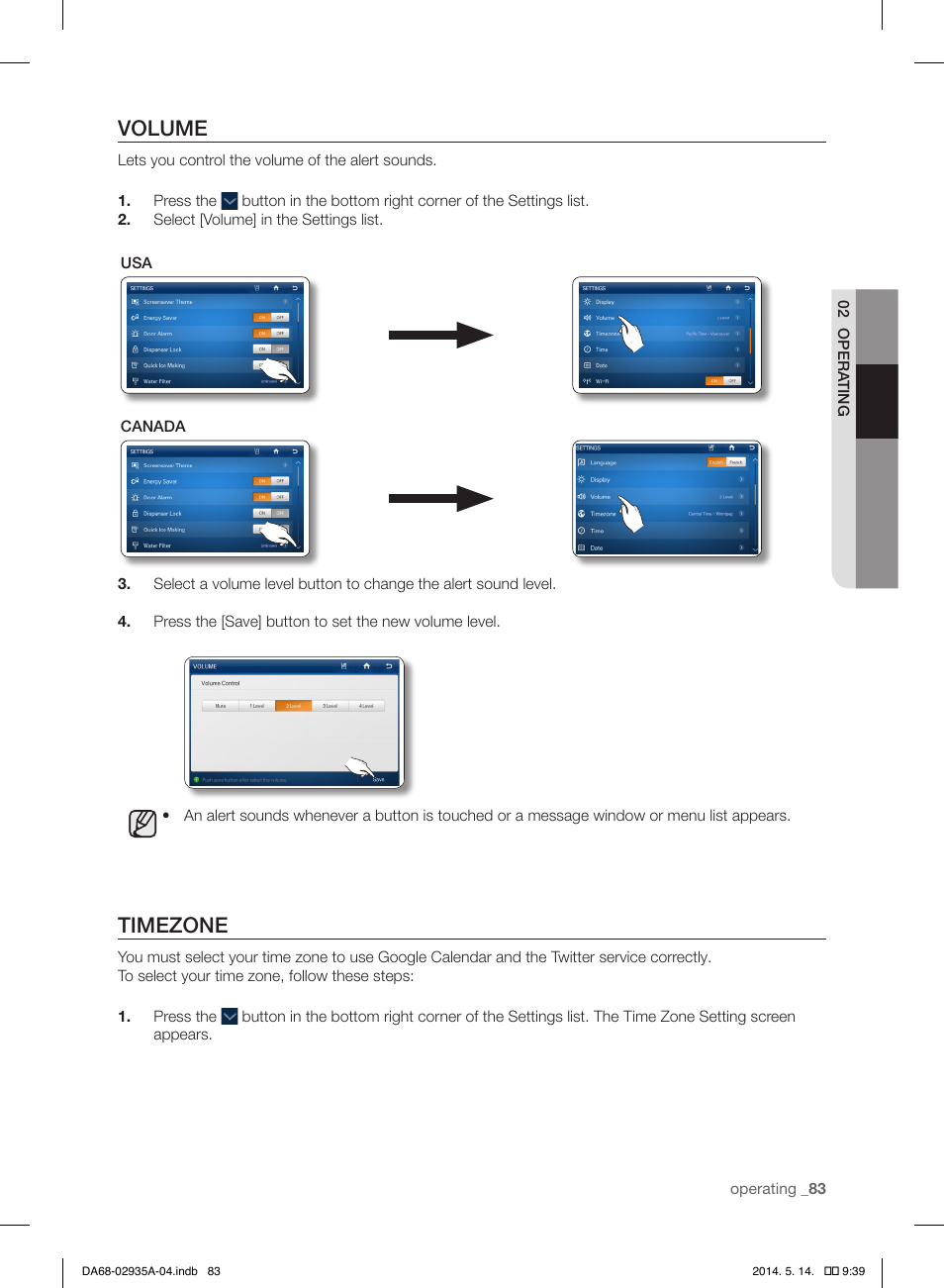 Volume, Timezone | Samsung RS27FDBTNSR-AA User Manual | Page 83 / 312