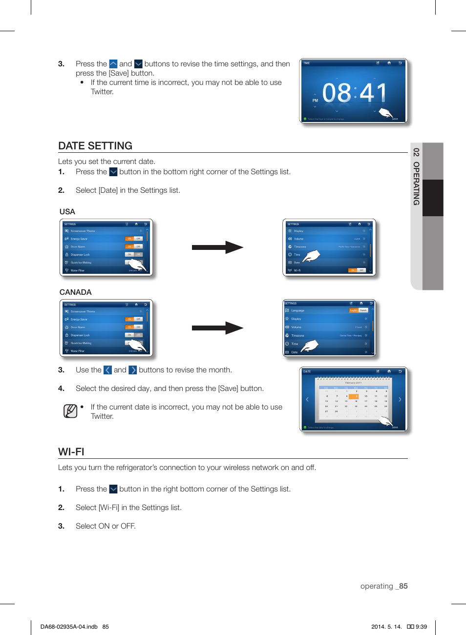 Date setting, Wi-fi | Samsung RS27FDBTNSR-AA User Manual | Page 85 / 312