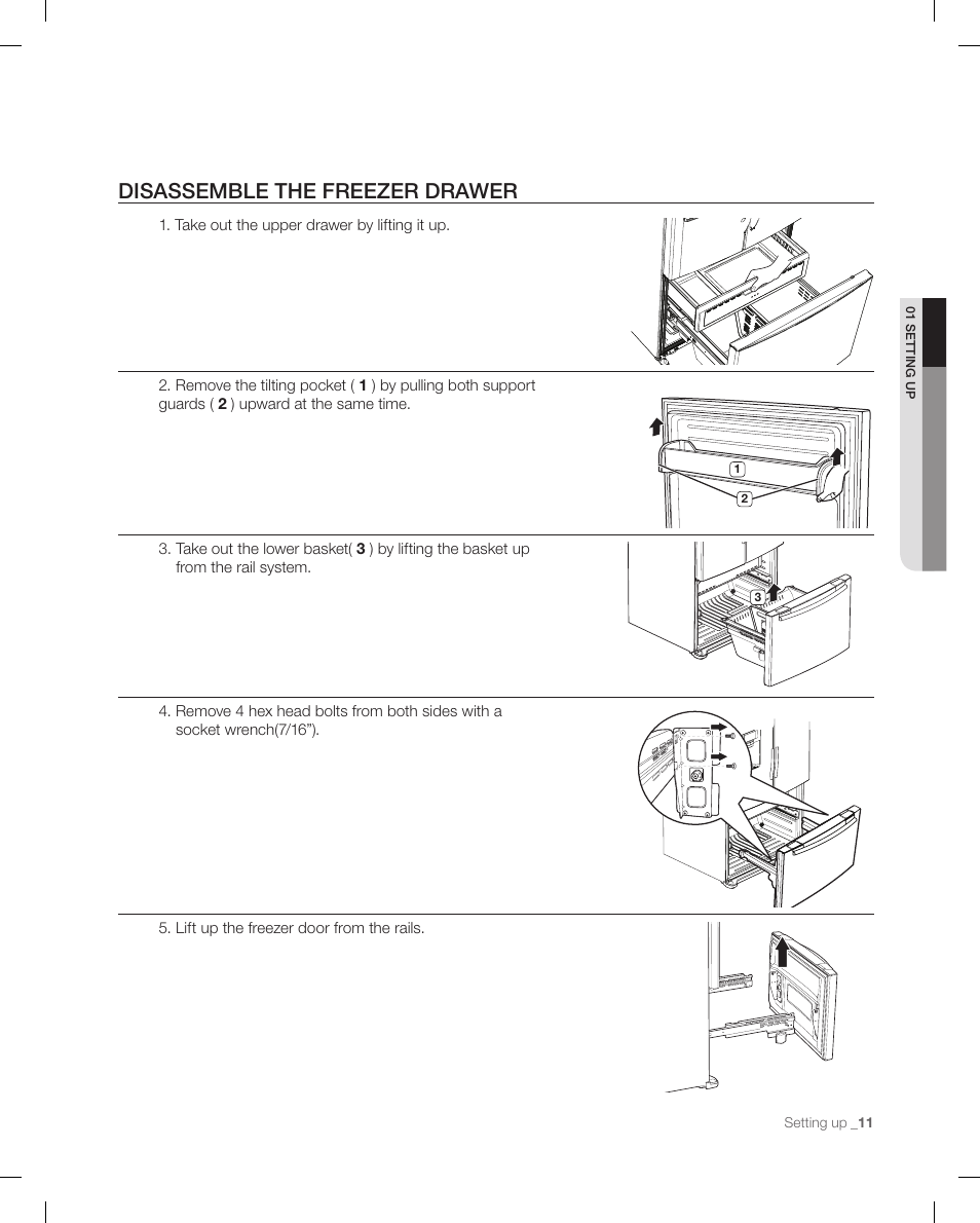 Disassemble the freezer drawer | Samsung RF268ACBP-XAA User Manual | Page 11 / 84