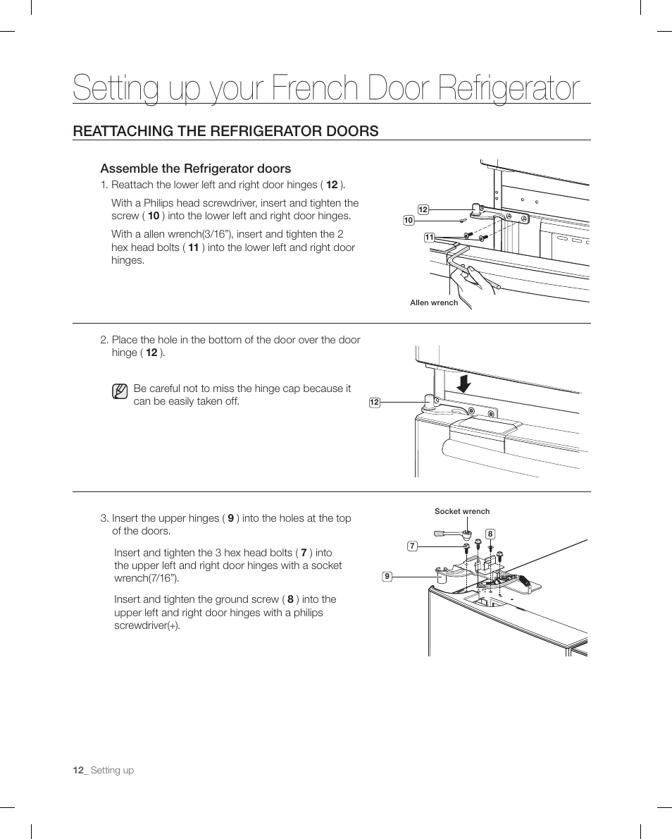 Setting up your french door refrigerator, Reattaching the refrigerator doors | Samsung RF268ACBP-XAA User Manual | Page 12 / 84