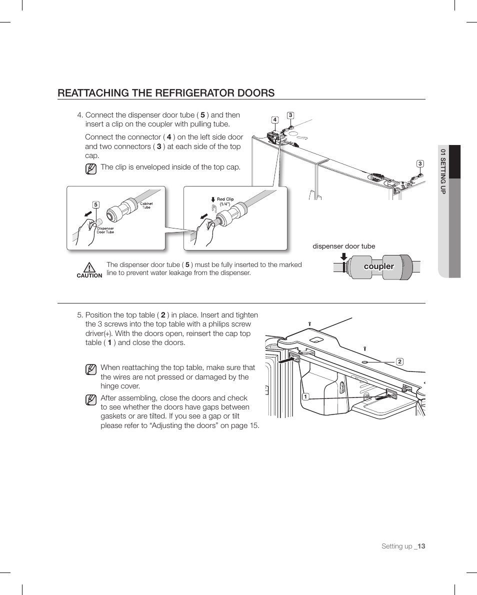 Reattaching the refrigerator doors | Samsung RF268ACBP-XAA User Manual | Page 13 / 84