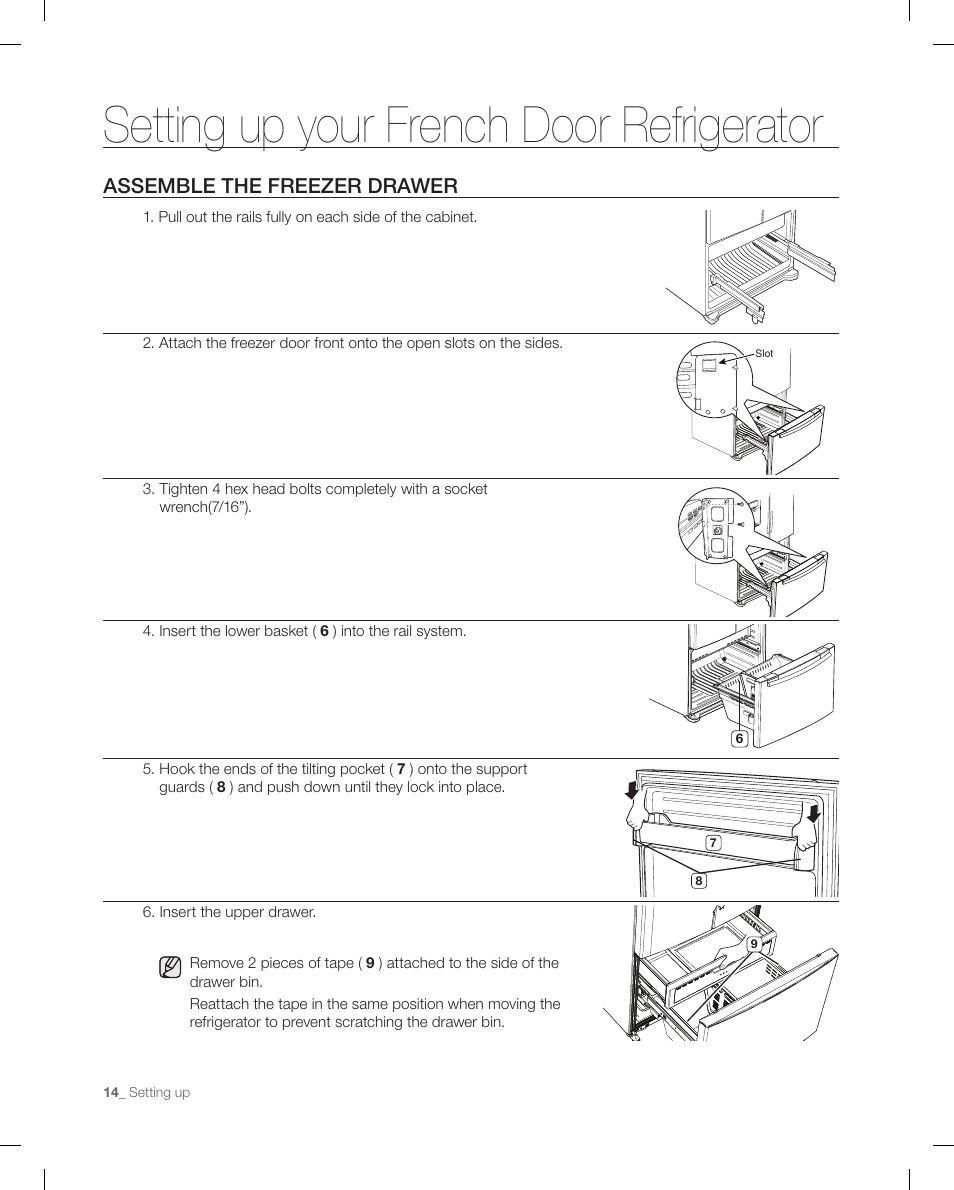 Setting up your french door refrigerator, Assemble the freezer drawer | Samsung RF268ACBP-XAA User Manual | Page 14 / 84