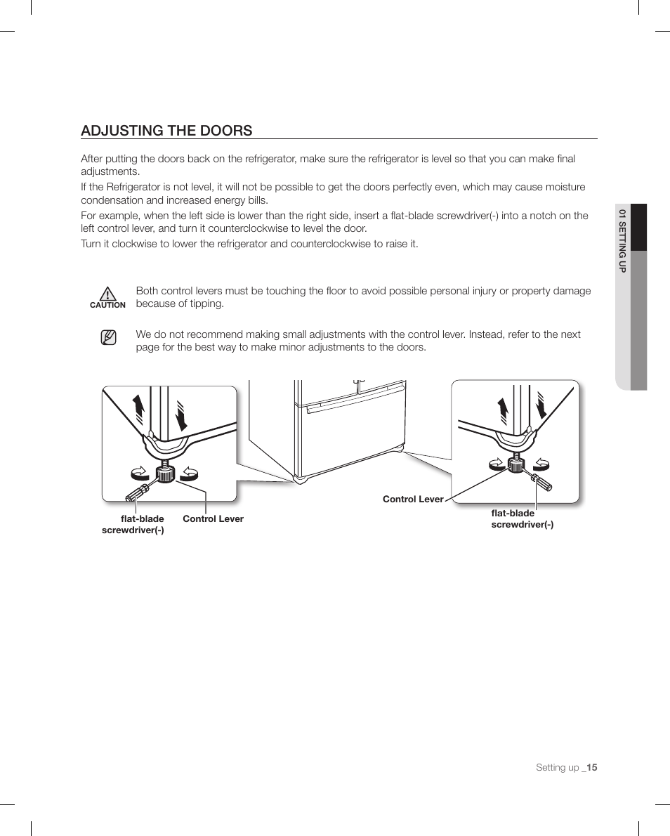 Adjusting the doors | Samsung RF268ACBP-XAA User Manual | Page 15 / 84