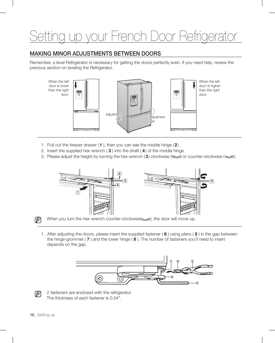 Setting up your french door refrigerator, Making minor adjustments between doors | Samsung RF268ACBP-XAA User Manual | Page 16 / 84