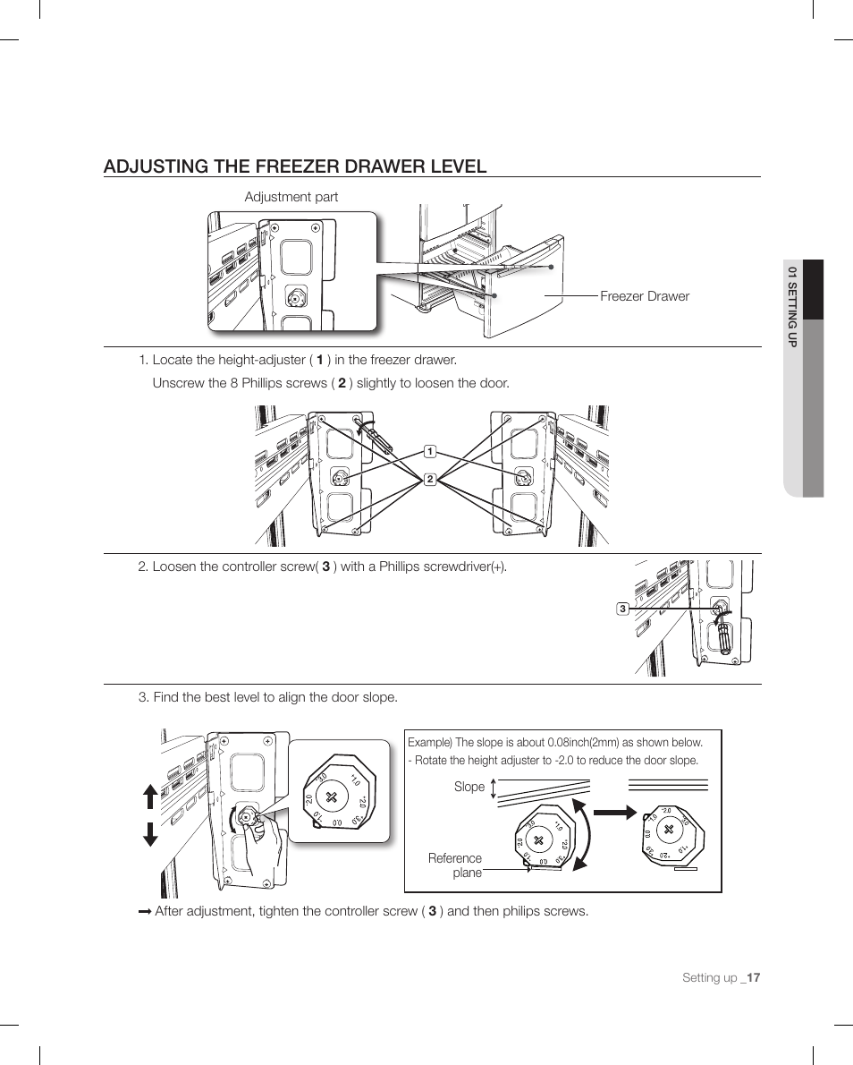 Adjusting the freezer drawer level | Samsung RF268ACBP-XAA User Manual | Page 17 / 84