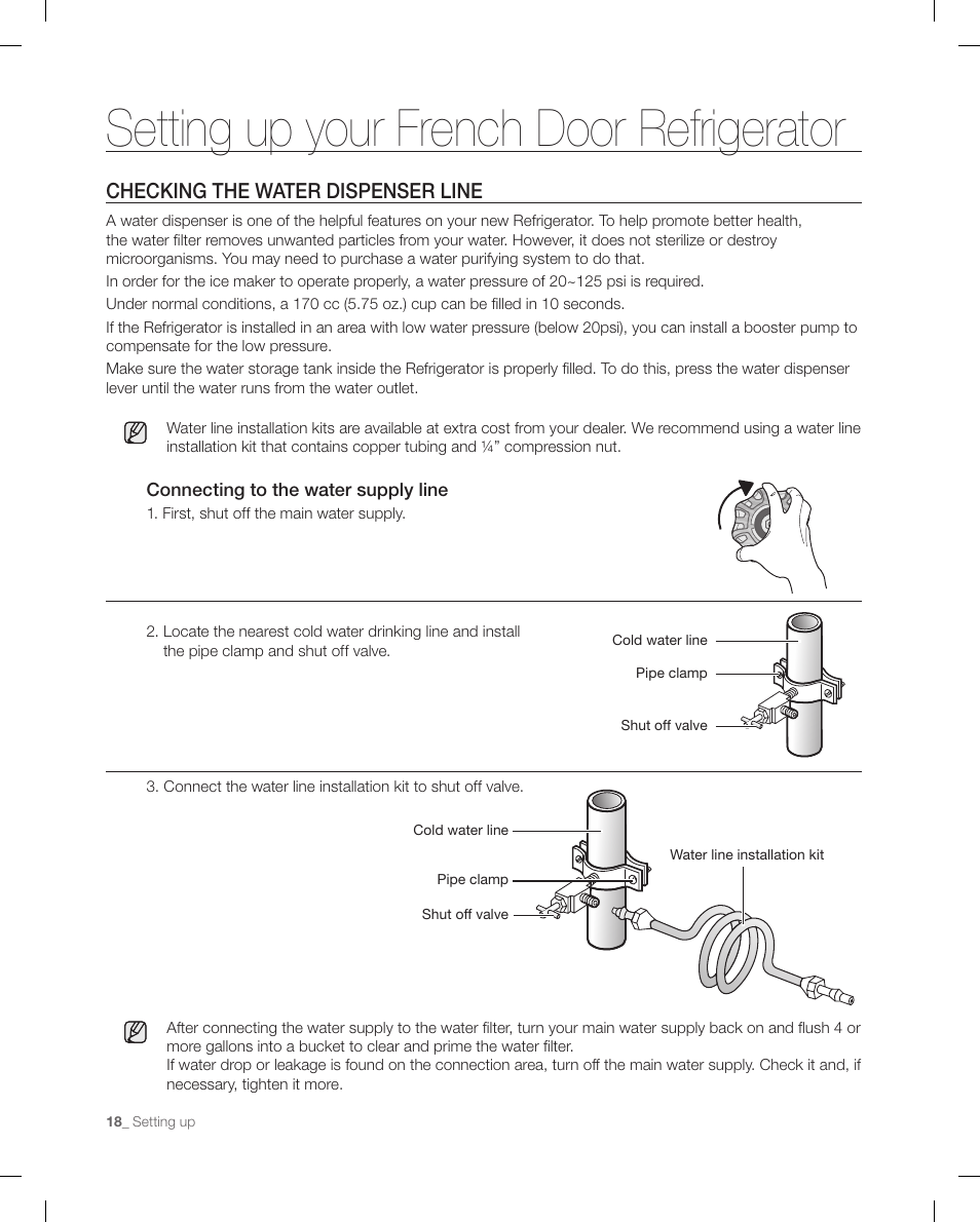 Setting up your french door refrigerator, Checking the water dispenser line | Samsung RF268ACBP-XAA User Manual | Page 18 / 84