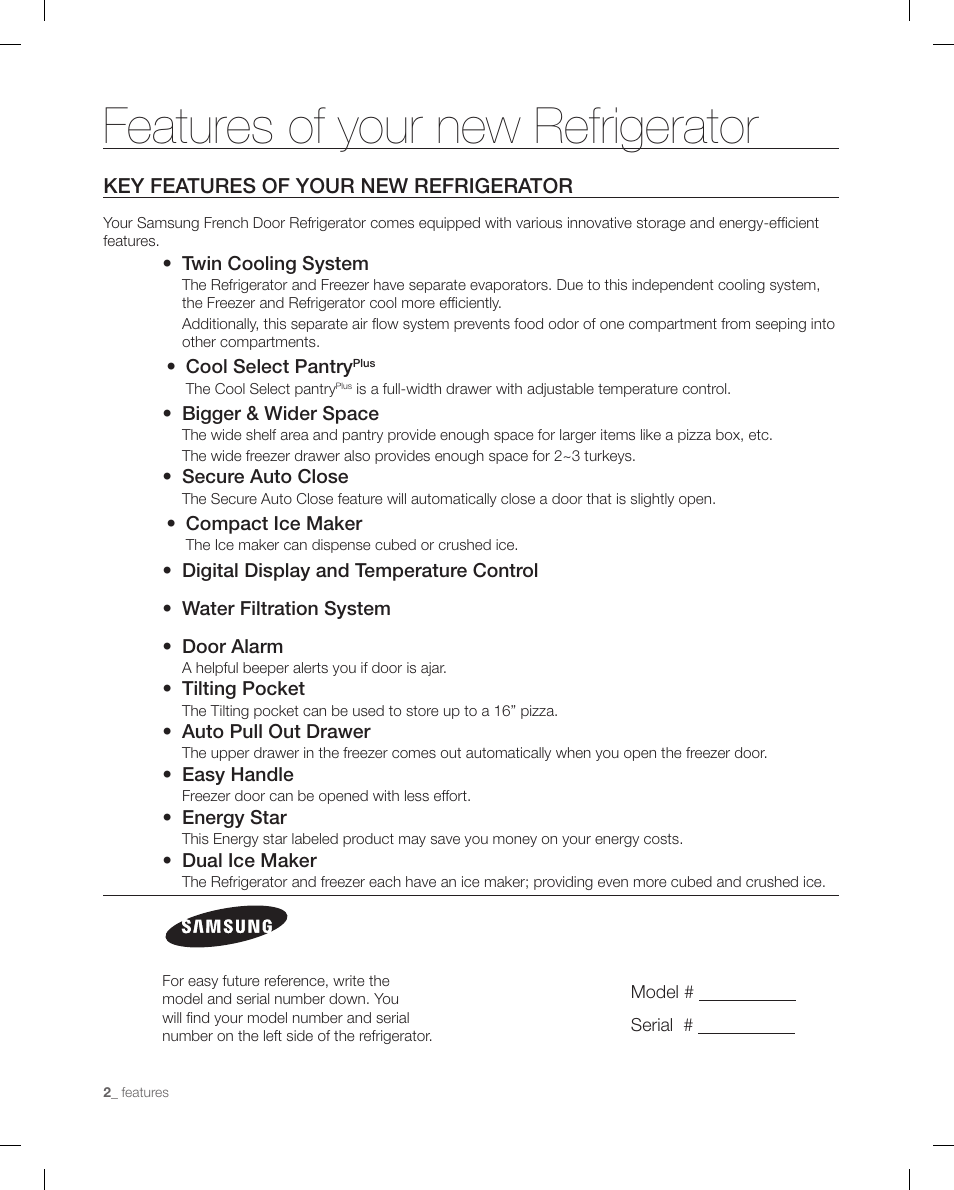 Features of your new refrigerator | Samsung RF268ACBP-XAA User Manual | Page 2 / 84
