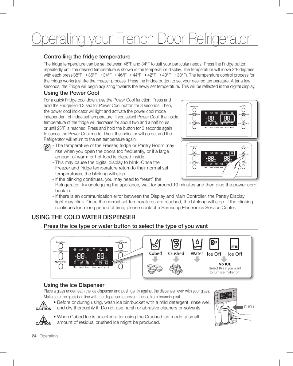 Operating your french door refrigerator, Using the cold water dispenser | Samsung RF268ACBP-XAA User Manual | Page 24 / 84