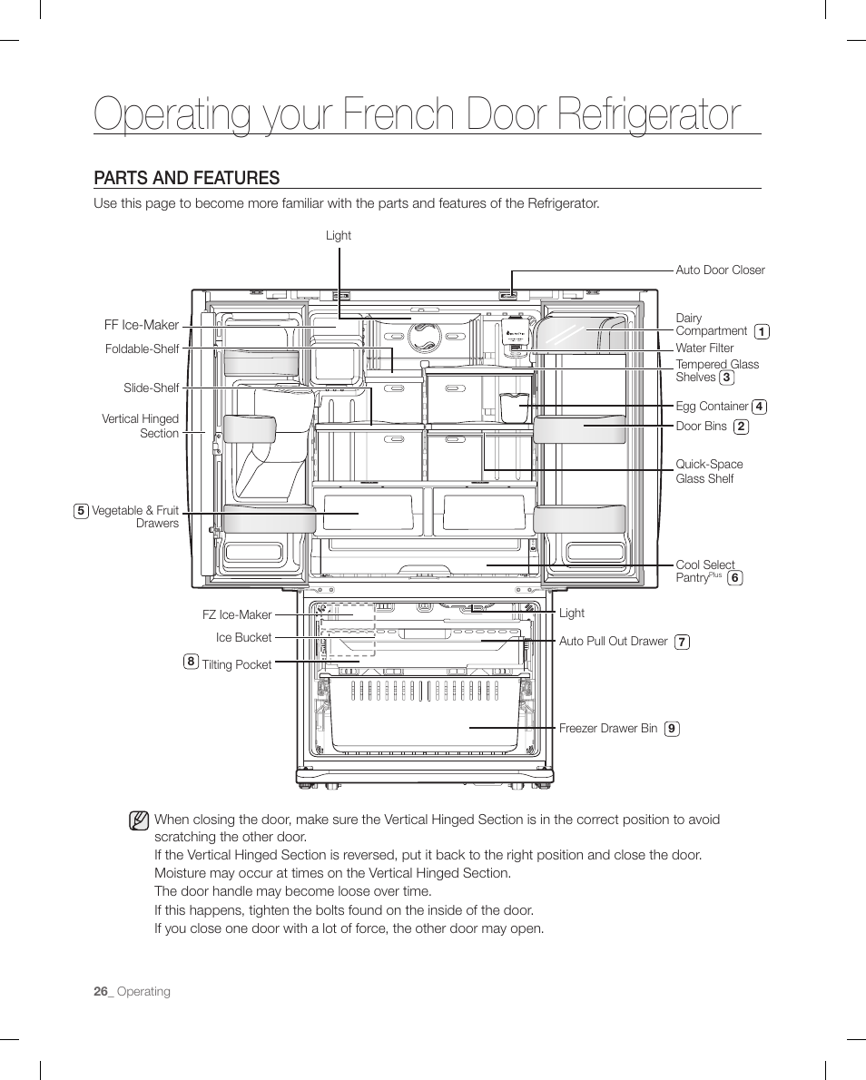Operating your french door refrigerator, Parts and features | Samsung RF268ACBP-XAA User Manual | Page 26 / 84