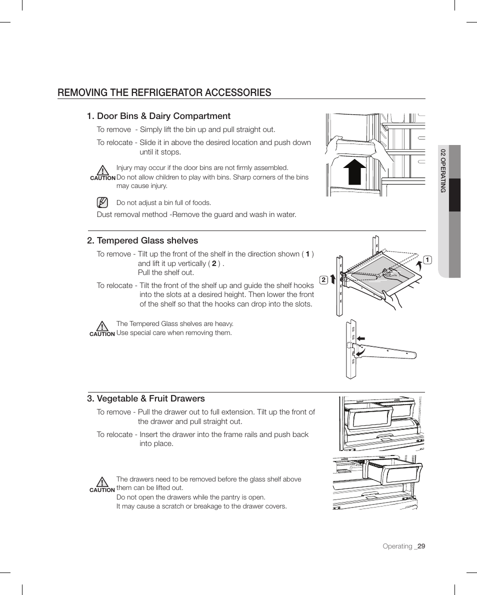 Removing the refrigerator accessories, Tempered glass shelves, Door bins & dairy compartment | Vegetable & fruit drawers | Samsung RF268ACBP-XAA User Manual | Page 29 / 84