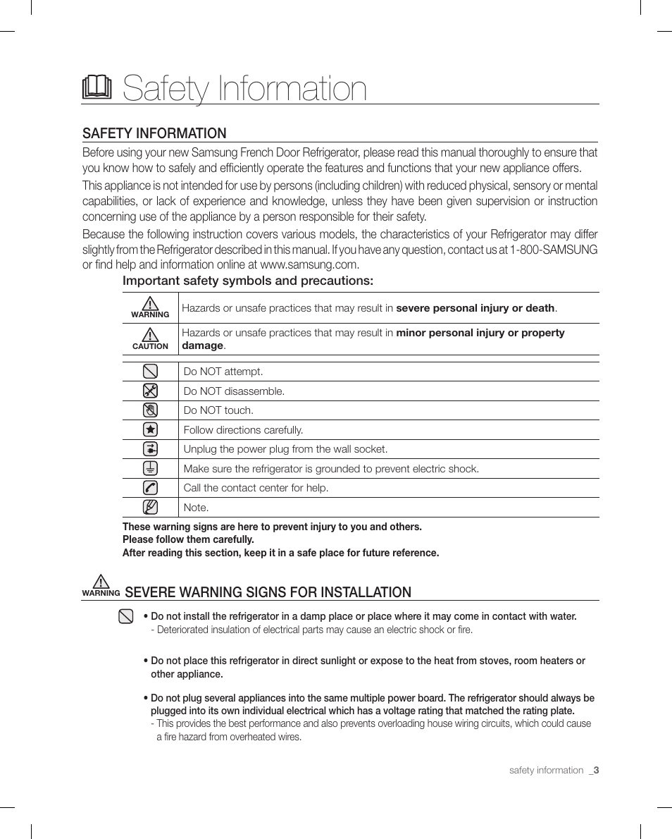 Safety information, Severe warning signs for installation | Samsung RF268ACBP-XAA User Manual | Page 3 / 84