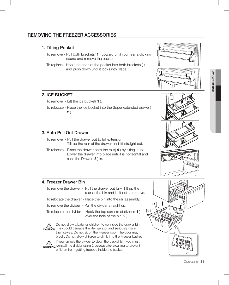 Removing the freezer accessories, Tilting pocket, Ice bucket | Auto pull out drawer, Freezer drawer bin | Samsung RF268ACBP-XAA User Manual | Page 31 / 84