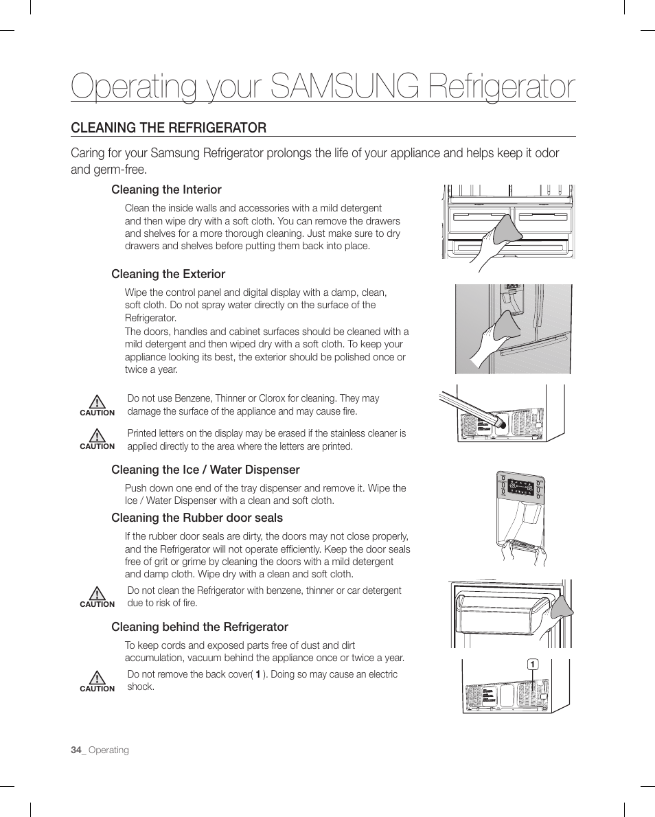 Operating your samsung refrigerator, Cleaning the refrigerator | Samsung RF268ACBP-XAA User Manual | Page 34 / 84