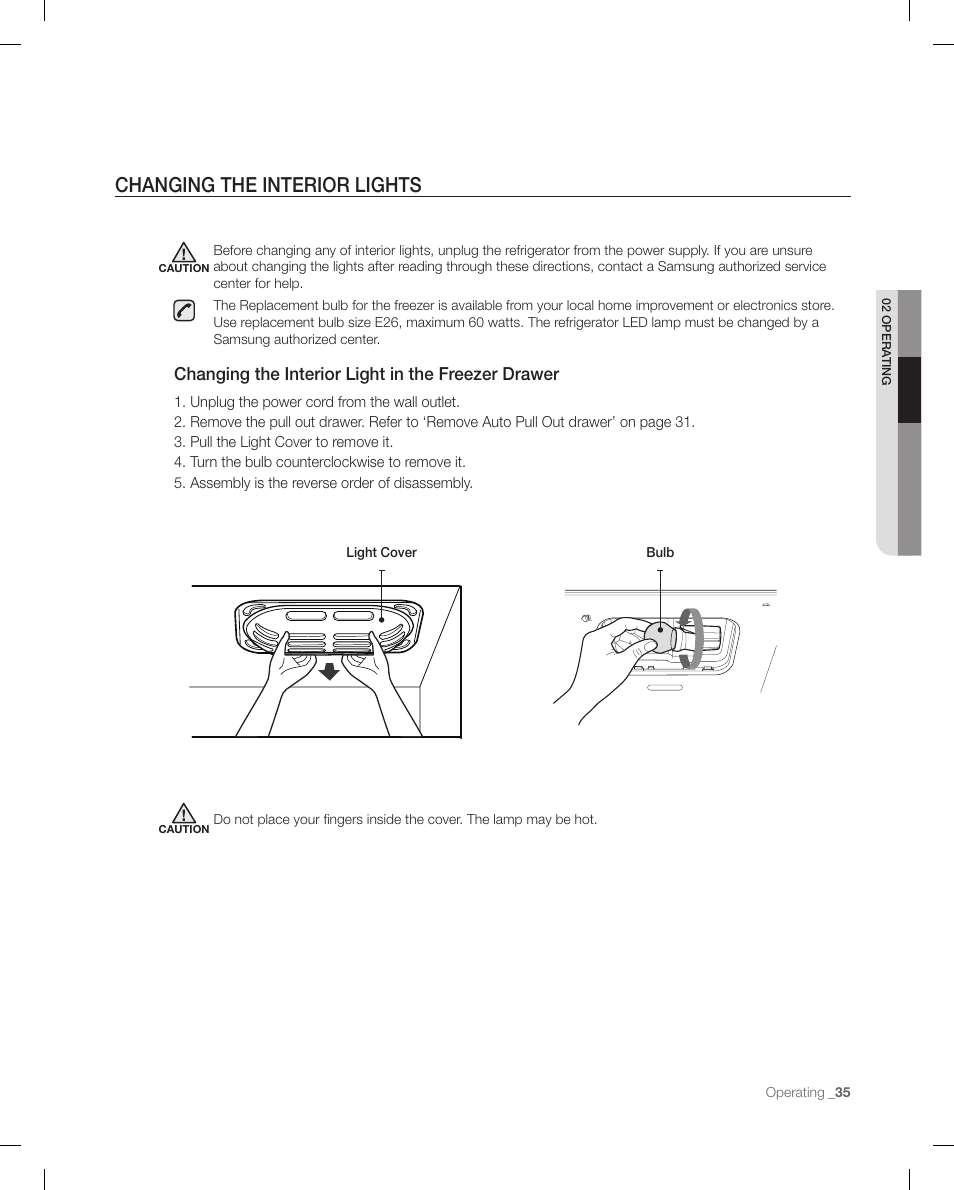 Changing the interior lights, Changing the interior light in the freezer drawer | Samsung RF268ACBP-XAA User Manual | Page 35 / 84