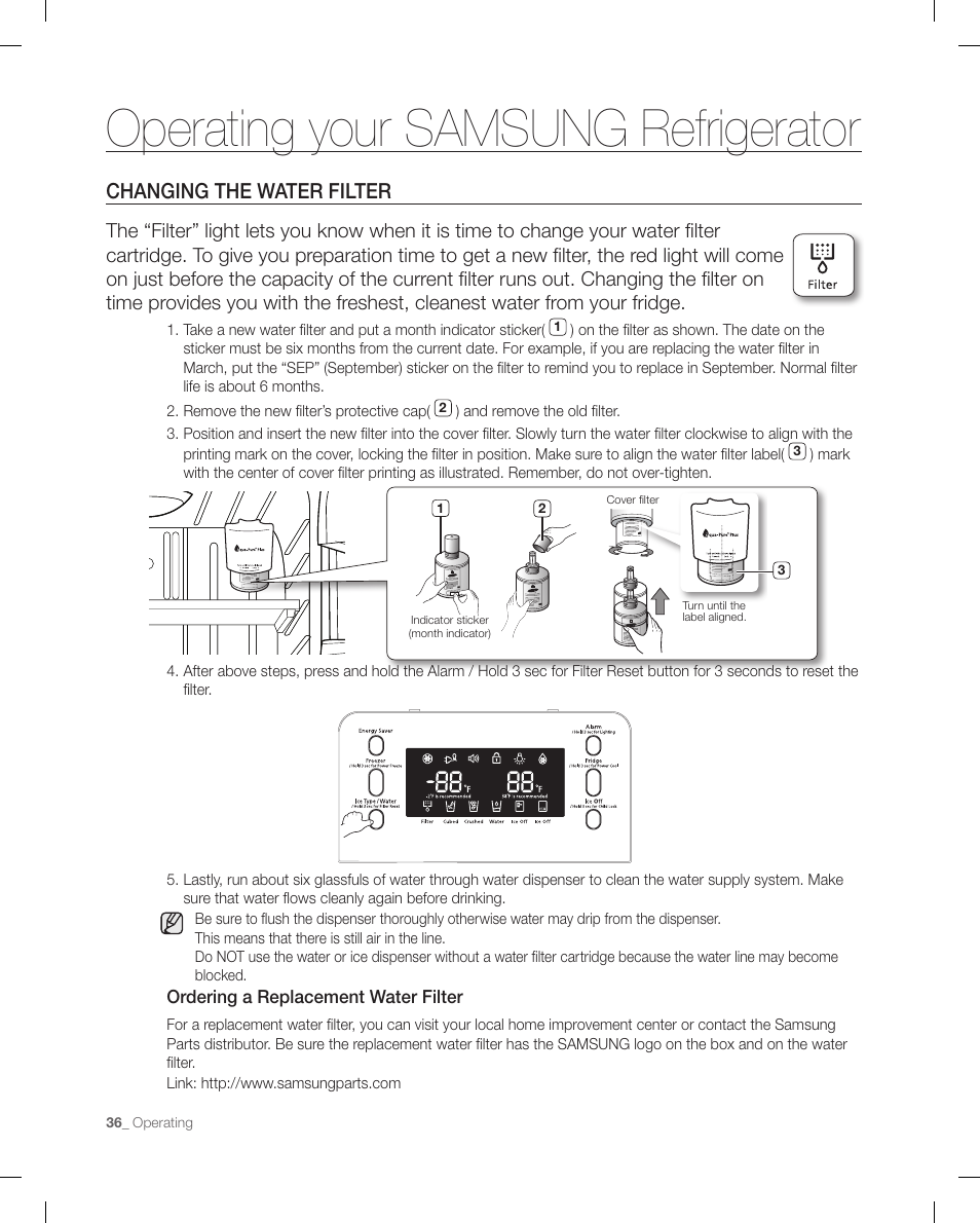 Operating your samsung refrigerator, Changing the water filter | Samsung RF268ACBP-XAA User Manual | Page 36 / 84