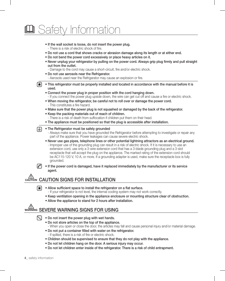 Safety information, Caution signs for installation, Severe warning signs for using | Samsung RF268ACBP-XAA User Manual | Page 4 / 84