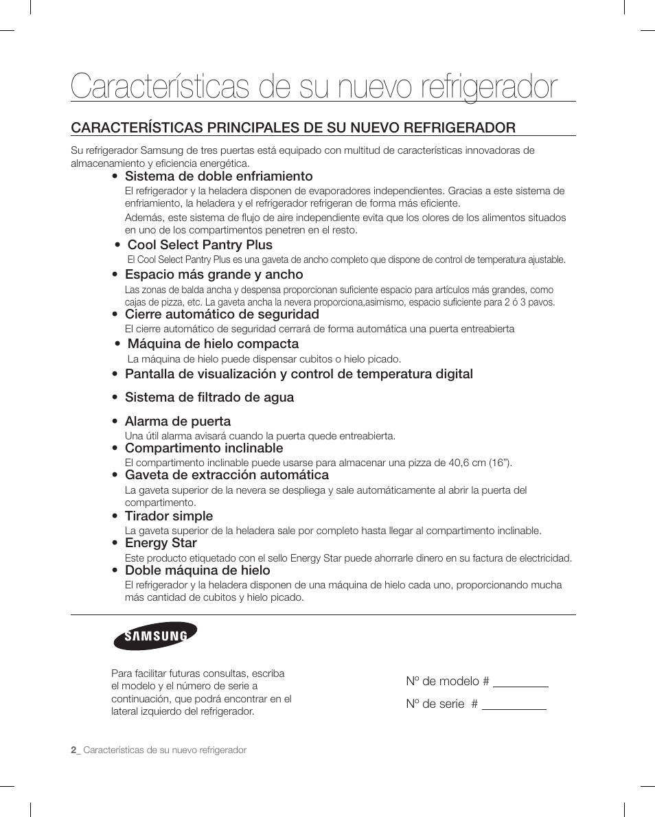 Características de su nuevo refrigerador | Samsung RF268ACBP-XAA User Manual | Page 44 / 84